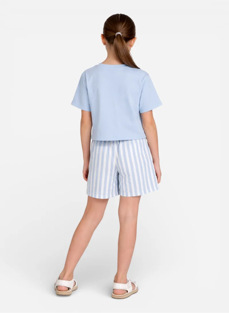 victor and jane Girls 2 Pc Set Graphic Print T-Shirt &amp; Striped Shorts Set – White &amp; Blue